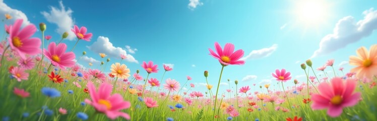 Obraz premium Vibrant cosmos flowers bloom in a sunny meadow under a clear blue sky with fluffy clouds. Pink yellow and orange wildflowers grow tall in green grass. Peaceful nature scene.