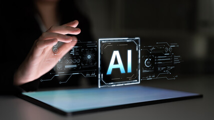 A futuristic user interface for business intelligence. This advanced AI dashboard displays complex data analysis, charts, and graphs for strategic corporate insights. Fermion