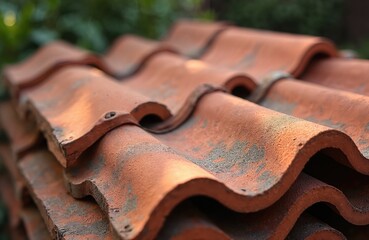 Stacked terracotta roof tiles in backyard. Textured red ceramic building material shows wavy pattern. Ready for home construction and renovation project.