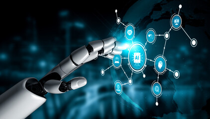 A futuristic robotic hand reaches out to interact with glowing digital network nodes representing artificial intelligence and technology innovations, highlighting modern connectivity. Tessel
