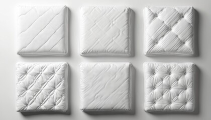 Fototapeta premium Six square mattress tops with varied quilted patterns. White textile surfaces show stitching details. These soft, smooth materials suggest comfort and luxury for restful sleep.