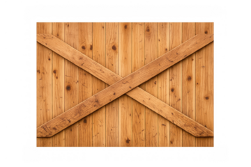 Wooden barn door element with rustic planks and cross beams creating a textured background, transparent background