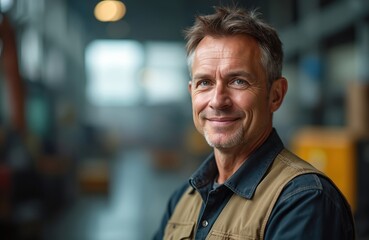 Smiling middle-aged man in work vest poses in factory setting. Experienced worker, blue collar, looks directly at camera, skilled pro, industrial background, positive attitude, proud employee.