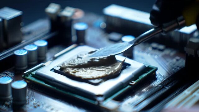 Technician Applying Thermal Paste to CPU on Motherboard Circuit Board