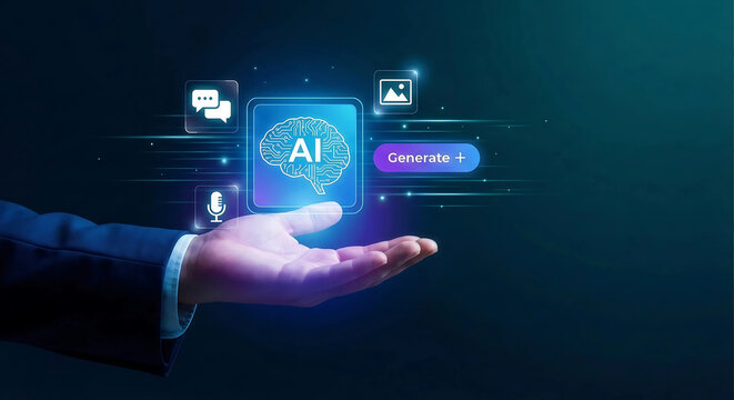 Generative artificial intelligence concept showing digital brain and content creation interface - Powered by Adobe