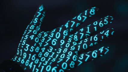 Close-up of human hand displaying glowing digital data, symbolizing a secure password in an automated future
