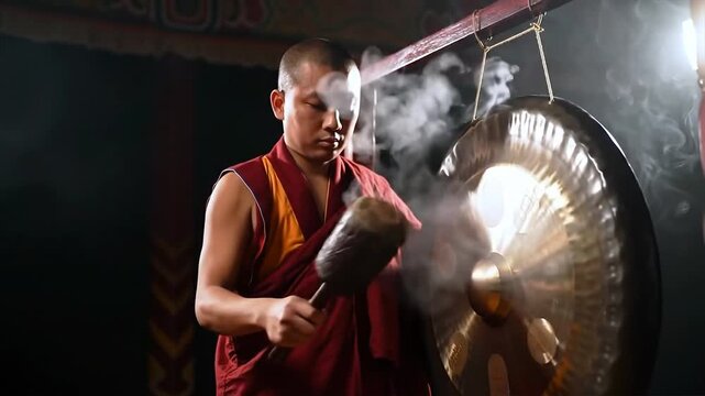 A monk in red robes strikes a large gong with a mallet in a dimly lit room, smoke rising from the instrument.