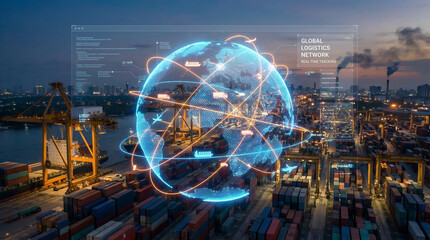 Global logistics network design over cargo port at night with digital globe hologram and shipping container terminal background scene