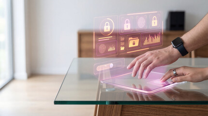 Futuristic security interface hologram digital lock biometric innovation technology design data protection touchscreen cyber virtual password