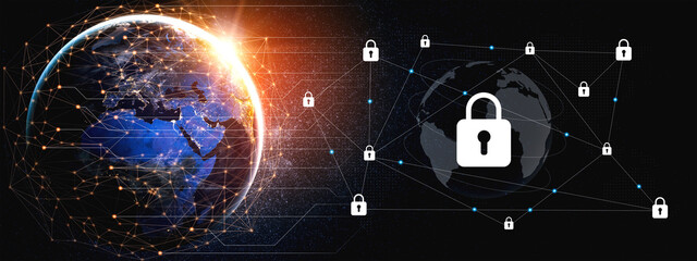 Illustration of a globe with digital connections and lock symbols, representing global network security, data protection, and cybersecurity in a modern context. Gantry