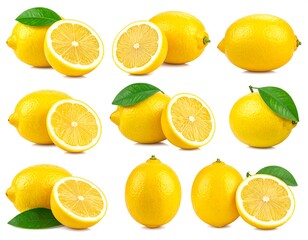 Fototapeta premium A composite of vibrant yellow citrus fruits, some whole, others halved to reveal the juicy interior. Green leaves accent the display