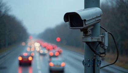 Security camera watches traffic on wet road. Cars speed past blurry taillights and red lights creating bokeh. Road safety and enforcement concept.