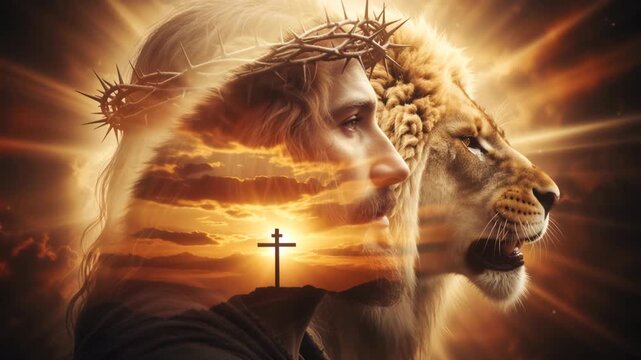 Double exposure of Jesus Christ with a crown of thorns and a roaring lion of Judah. Silhouette of a cross on a hill against a golden sunset. Christian faith and Easter resurrection concept