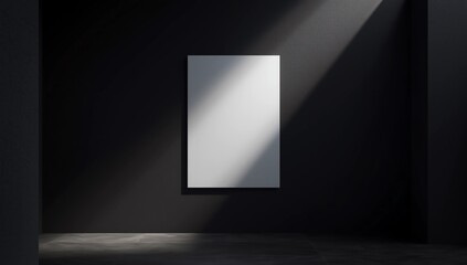 a blank white wall-mounted poster in a dark, moody architectural space