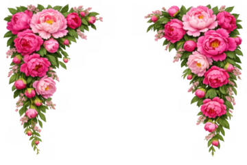 Pink peonies flower corners creating a beautiful floral border design for frame or banner, transparent background