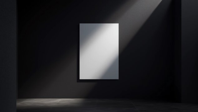 a blank white wall-mounted poster in a dark, moody architectural space