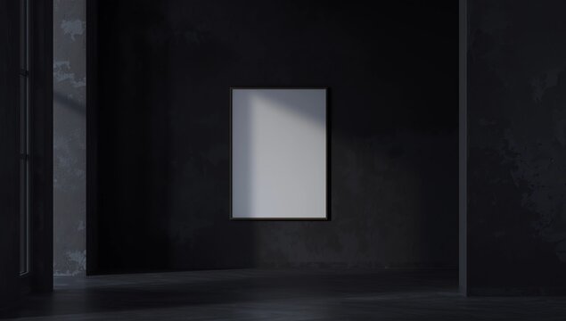 a blank white wall-mounted poster in a dark, moody architectural space