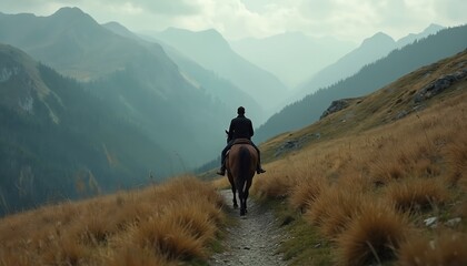Fototapeta premium Person rides horse on mountain trail path. Rider on horseback traverses grassy hillside overlooking misty valleys. Serene landscape exploration on equine.