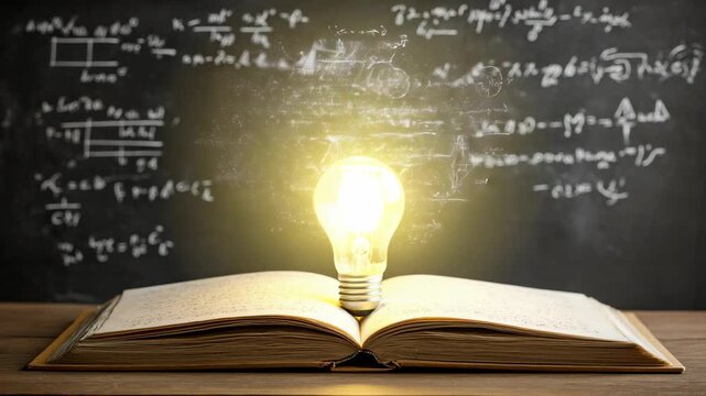 Illuminated Light Bulb on Open Book with Mathematical Formulas on Chalkboard, Symbolizing Idea and Knowledge