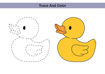 Educational worksheet with a duck to trace and colour color. Dashed outline for tracing and a cute duck for kids fine motor skills practice and early learning activities.