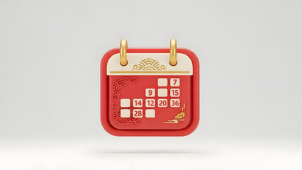 Red Calendar Icon with Golden Accents Floating on White Background.