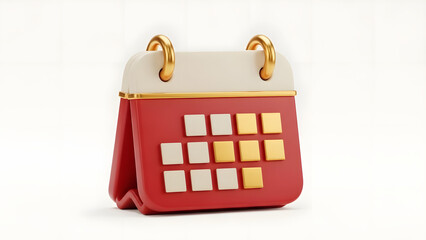 3D Rendered Red Calendar Icon with Gold Accents on White Background.
