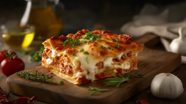 A slice of lasagna italian food pasta. Cooking home concept