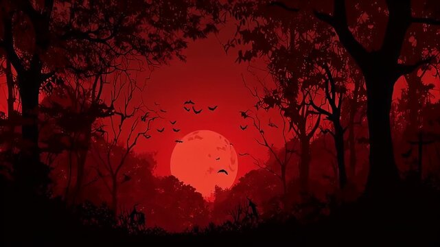Eerie red sunset captured through dark silhouettes of trees and bats.