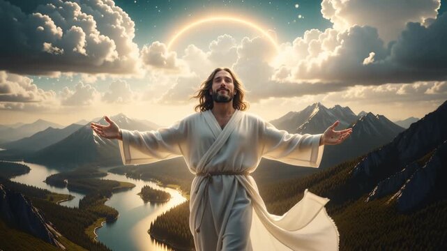 Jesus Christ standing with arms outstretched in a mountain landscape. Man portraying the savior with a divine halo and bright sunlight. Christianity and faith concept. Cinematic spiritual footage
