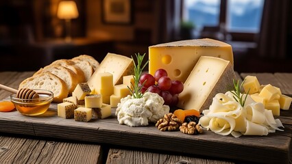 Artisan Cheese Platter: A tempting assortment of gourmet cheeses, fresh bread, and complementing accompaniments are presented on a rustic wooden board, a true culinary delight.