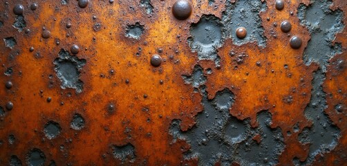 Closeup texture of corroded metal surface with rough patches and bumpy details. Orange rust mixes with dark grey underlayer creating abstract pattern. Aged material shows wear and decay.