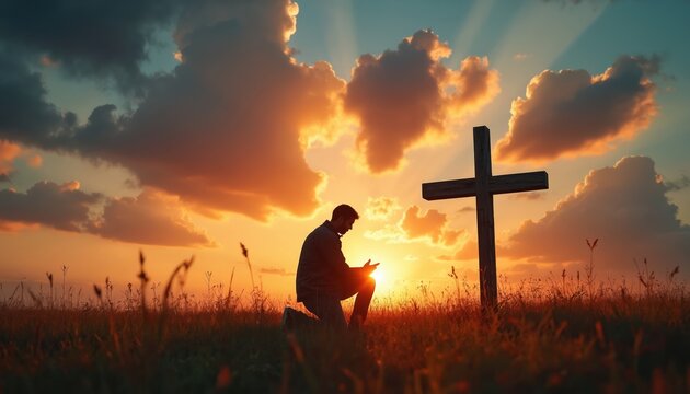 Man kneels beside wooden cross at golden sunset praying. Silhouette in meadow, clouds glow warm light. Represents faith hope redemption love, spiritual communion with God, seeking peace.