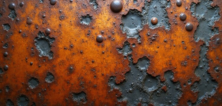 Closeup texture of corroded metal surface with rough patches and bumpy details. Orange rust mixes with dark grey underlayer creating abstract pattern. Aged material shows wear and decay.