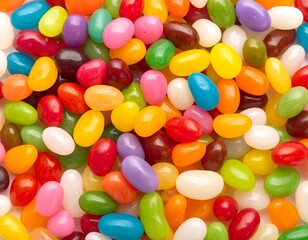 A close-up shot of a colorful assortment of smooth, oval-shaped candies scattered on a white surface. The candies are a variety of vibrant colors