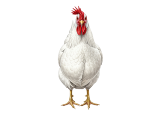 Majestic white domestic hen with vibrant red comb, detailed watercolor illustration featuring brush strokes and granulation on a transparent background, agricultural study concept
