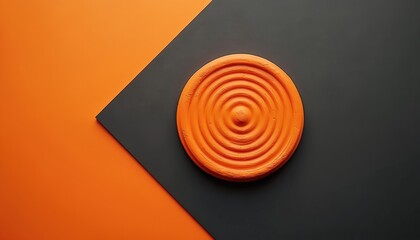 Orange clay target sits on geometric background. Skeet shooting practice aim. Sport competition trap hobby. Aim for accuracy hit mark. Danger avoid.