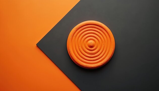 Orange clay target sits on geometric background. Skeet shooting practice aim. Sport competition trap hobby. Aim for accuracy hit mark. Danger avoid.