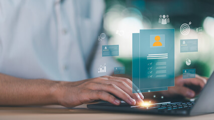 Digital recruitment and employee evaluation concept illustrating profile analysis, skills assessment, and data driven HR decision making. Suitable for hiring processes, talent management systems