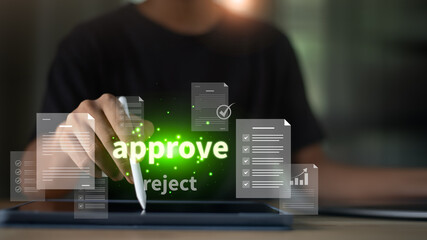 Digital approval workflow concept with approve and reject process, document verification, online signature, compliance control, business management system, paperless office, secure decision making.