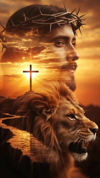 Vertical video of Jesus Christ profile with crown of thorns and roaring lion double exposure. Christian cross silhouette against golden sunset sky. Religious faith and Lion of Judah concept