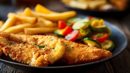 Crispy fried fish served with golden fries and a fresh cucumber tomato salad is presented on a dark plate offe a delightful culinary experience right now.