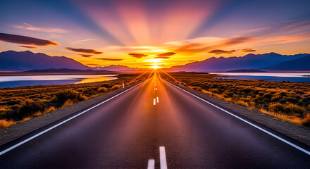 Open Road Sunset Landscape Mountains Sky Horizon Journey