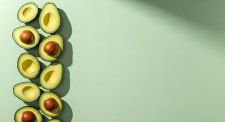 Avocado Halves Green Background Healthy Food Top View