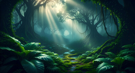Sunlit Green Jungle Forest Stream Lush Tropical Scene