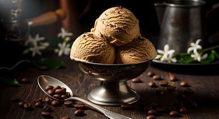 Coffee Ice Cream Scoops Dark Wood Background