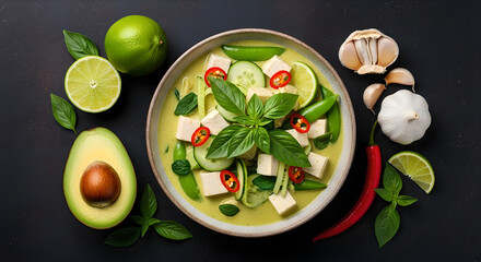 Green Curry Tofu Soup Vegan Flat Lay Healthy Food