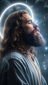 Vertical video of Jesus Christ praying in profile with a glowing halo. Bearded man with closed eyes meditating amidst smoke and dramatic lighting. Christian faith and spirituality concept