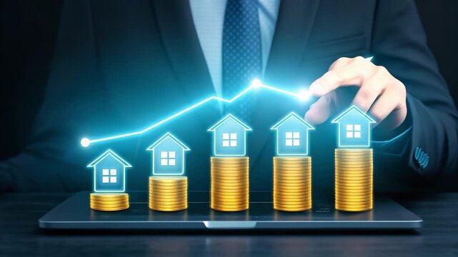 Businessman analyzes rising real estate market trends on a digital tablet with glowing house icons and stacked gold coins