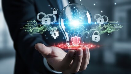 Closeup business professional hand holding glowing light bulb representing cybersecurity protection with data privacy and hacking alert prevention