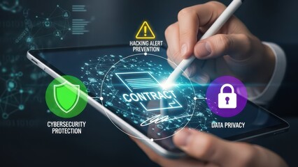 Closeup business professional hand signing digital contract representing cybersecurity protection with data privacy and hacking alert prevention